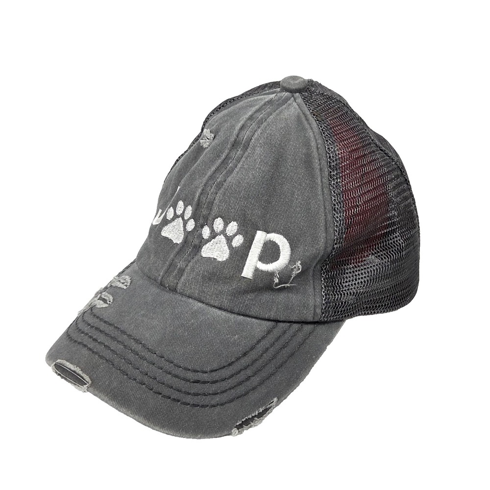 Jeep Hat Womens Ponytail Trucker Cap Distressed Charcoal Gray Mesh Dog Mom